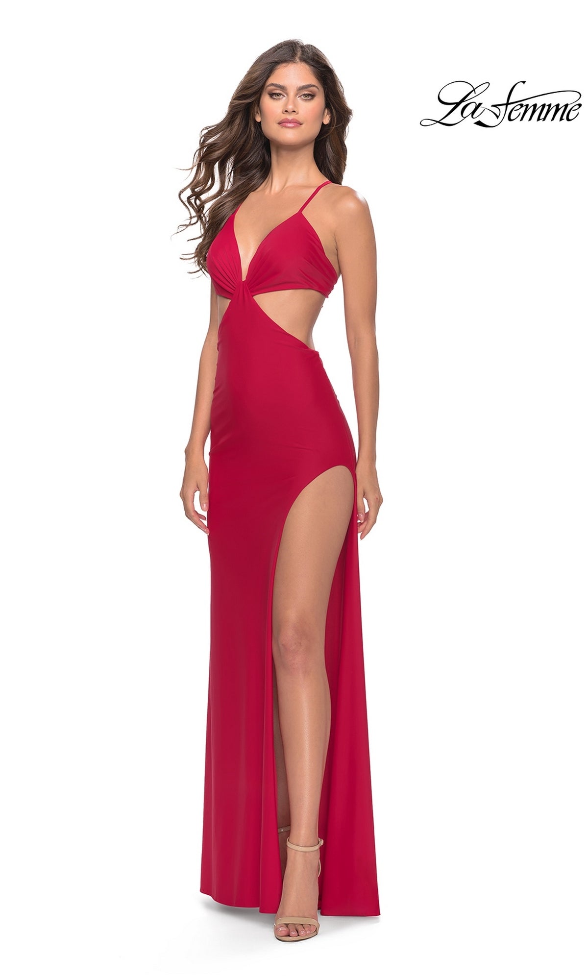 Long Prom Dress: La Femme 31292, a floor-length red jersey gown featuring a deep V-neck, side cutouts, a high leg slit, and a crisscross open back.